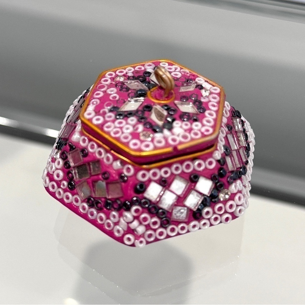 Vintage Beaded Pink Six Sided Made in India Trinket Box